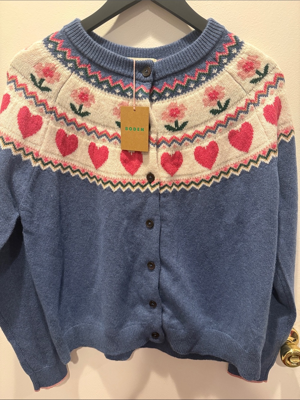 Boden Blue Cardigan with Cream Yoke, Pink Hearts & Floral Detail